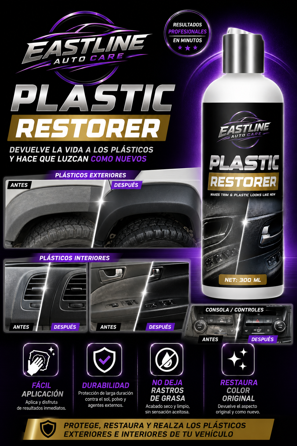 Eastline Auto Care Restaurador de Plásticos 10oz Plastic Restorer Envio Gratis a Todo Puerto Rico