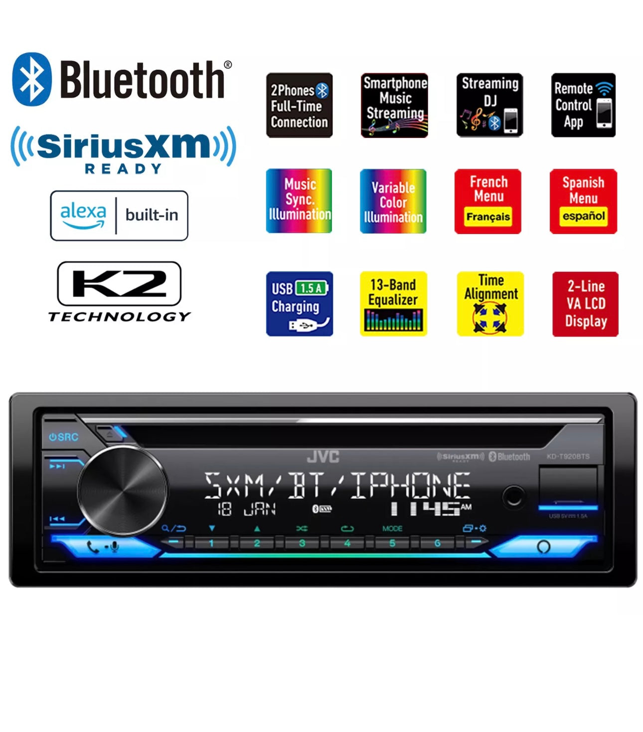 JVC KD-T920BTS Single DIN AM/FM Radio USB AUX Bluetooth CD