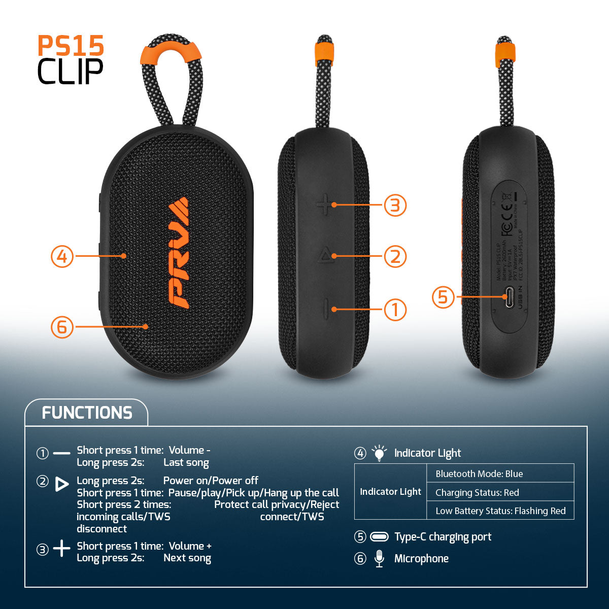 PRV PS15 CLIP Bocina Bluetooth