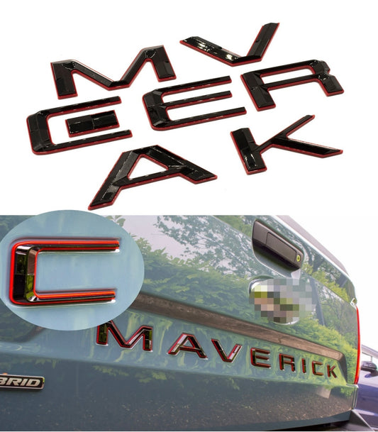 Letras de Compuerta Ford Maverick 2022-2025 Negro Bordes Rojos ABS Plastic 3D