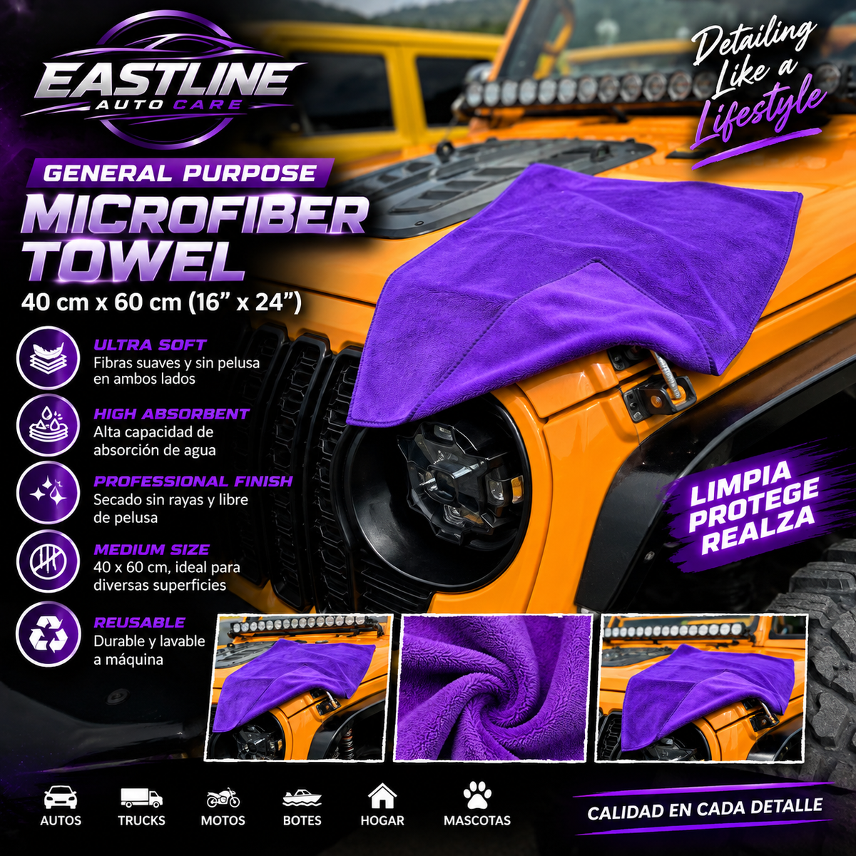 5X Eastline Auto Care 5 Paños Microfibras de USO General de Alta Calidad 16”x24” Envio Gratis